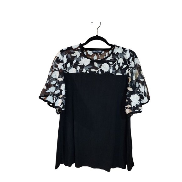 Kim & Cami Black Dress With Sheer Floral Embroidered Bell Sleeves Medium - Picture 1 of 4